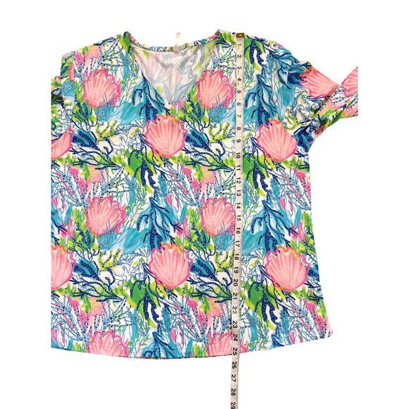 Lulu B. Womens V-Neck Top 3/4 Sleeves Size XL Blue Pink Ocean Shell Tropical - Picture 6 of 8